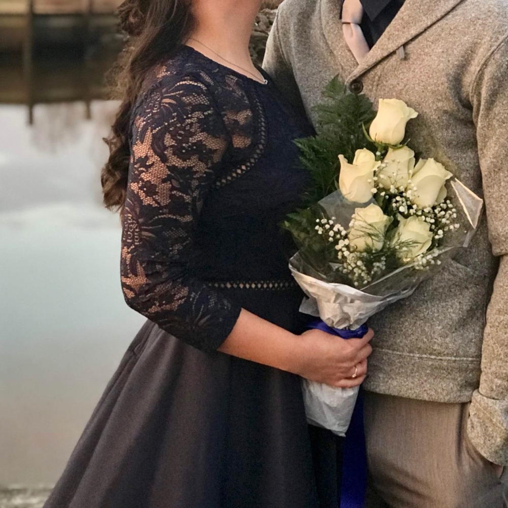 Navy Blue Lace Quarter Sleeve Dress